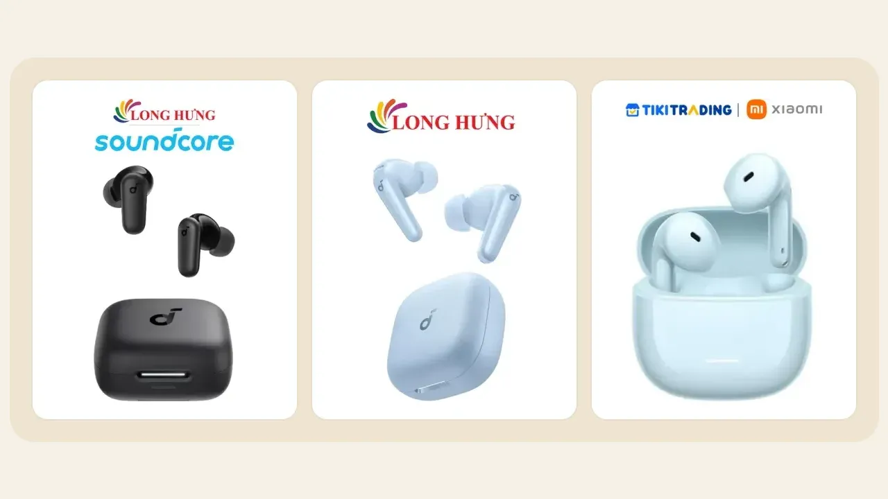 Ảnh sản phẩm: Anker Soundcore R50i NC, Anker Soundcore R60i NC và Xiaomi Redmi Buds 8 Active