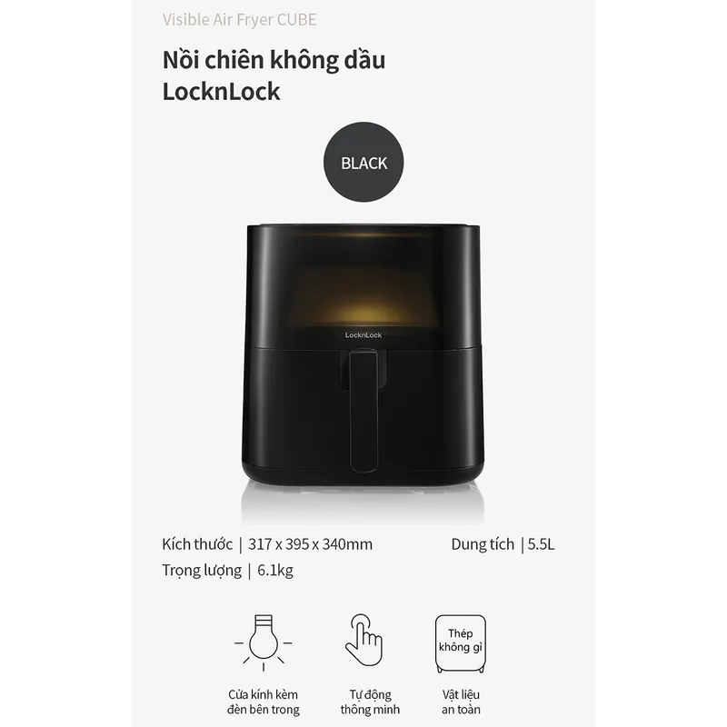 Nồi Chiên Không Dầu Locknlock Visible Air Fryer CUBE EJF996BLK (5.5 Lít) - Hàng Chính Hãng